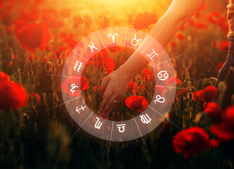 Concept of romantic and love between zodiac signs. Horoscope astrology zodiac. 
