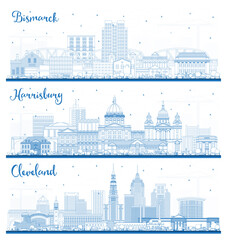 Outline Harrisburg Pennsylvania, Cleveland Ohio and Bismarck North Dakota City Skyline Set with Blue Buildings.