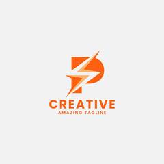 Orange Negative Space Flash on Letter P Monogram Initial Logo in White Background