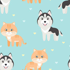 Fototapeta na wymiar Seamless pattern with cute cats and dogs. Children's background. Cartoon flat illustration. Funny animals.