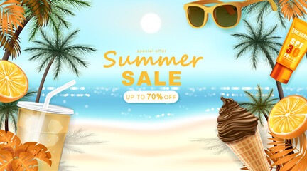 Summer banner template with Tropical leaves.