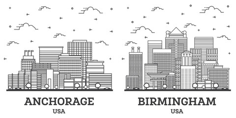 Fototapeta premium Outline Birmingham Alabama and Anchorage Alaska USA City Skyline Set.