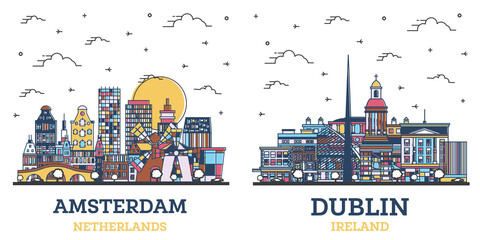 Naklejka premium Outline Dublin Ireland and Amsterdam Netherlands City Skyline Set.