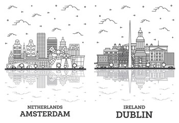 Obraz premium Outline Dublin Ireland and Amsterdam Netherlands City Skyline Set.