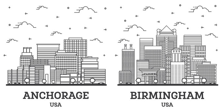Outline Birmingham Alabama and Anchorage Alaska USA City Skyline Set.