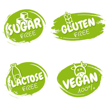 Set of vegan badges. Gluten, lactose, sugar free logo design templates. Healthy and natural.