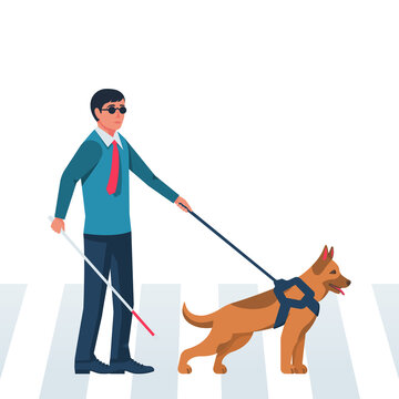 Template landing page blind man character with guide dog. Person with pet companion. Human with a white cane on street. Vector illustration flat design. Isolated on white background. Web banner.