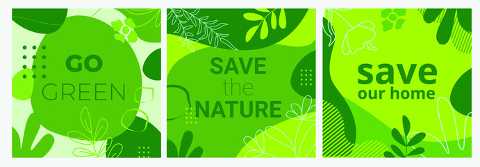 Set of Ecological banners with green backgrounds, liquid shapes, leaves and elements. Layouts for prints, flyers, covers, banners design. Eco concepts. Vector illustration