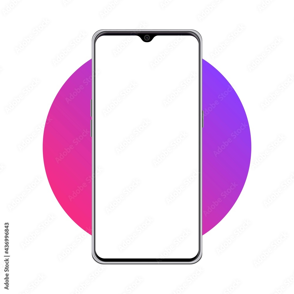 Poster digital mobile phone mockup vector illustration with white screen on colorful round shape background