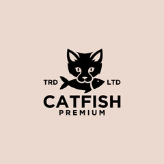 cat eat fish vintage logo icon illustration Premium Vector