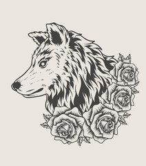 illustration wolf head with rose flower monochrome style