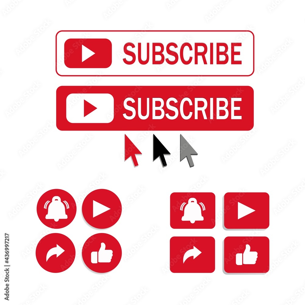Poster red and white subscribe button with cursor arrow, share button, bell icon, like button and text effe