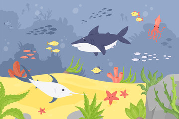 Undersea wildlife landscape, underwater world with coral reef fishes animals vector illustration. Cartoon blue tropical under water scenery and cute shark swordfish squid starfish seaweed background