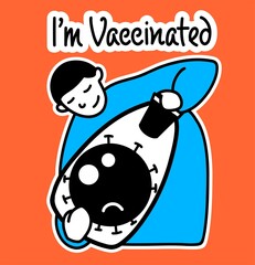 Illustration of a sticker with a text phrase. I'm vaccinated. A man plays with a virus that is in a closed bottle. A bright sticker with humor for vaccinations.