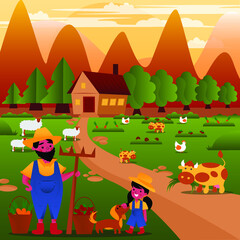 Digital illustration of a bright colorful banner farm a farmer and his daughter are engaged in agriculture in the meadow grazing sheep, cows, planting and harvesting