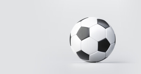 Soccer ball or football and sport equipment on white background with classic competition. 3D rendering.