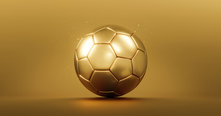 Gold soccer ball or golden football champion award on competition background with winner trophy championship. 3D rendering. © Lemonsoup14