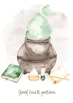 Watercolor card with a magic potion in a cauldron, a book, parchment, flasks. Good luck potion