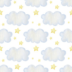 Watercolor seamless pattern of clouds, stars on a white background. Spring, summer.