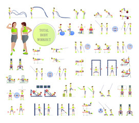 Fitness exercises total body. Fat burn  training in the gym . Fitness equipment. Total body workout. Exercises for all muscle groups
