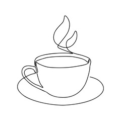 Continuous one line drawing with cup of coffee. Contemporary vector illustration on white background. Black line art on white background.