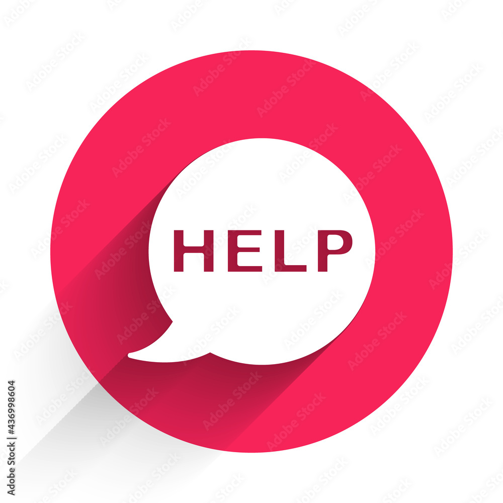Poster white speech bubble with text help icon isolated with long shadow. red circle button. vector
