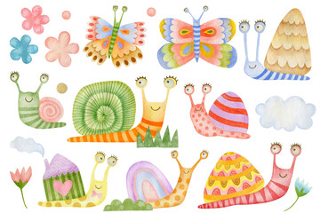 Watercolor set of snails isolated on white background. © KiraKonoshenko