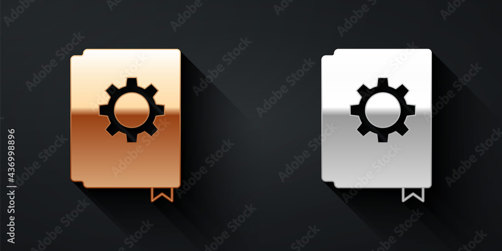Poster gold and silver user manual icon isolated on black background. user guide book. instruction sign. re
