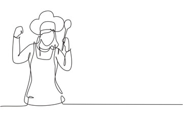 Single one line drawing female chef with celebrate gesture, holding spoon and wearing apron is ready to cook meals for restaurant guests. Modern continuous line draw design graphic vector illustration