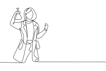 Single one line drawing female scientist with celebrate gesture and holding measuring tube to examining chemical solution to make vaccine. Continuous line draw design graphic vector illustration