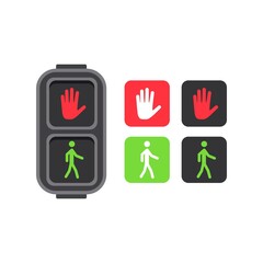 Illustration Vector Graphic Pedestrian traffic light with red hand and green man icon set. Simple flat cartoon symbols. Perfect for cover presentation, campaign, and poster infographic