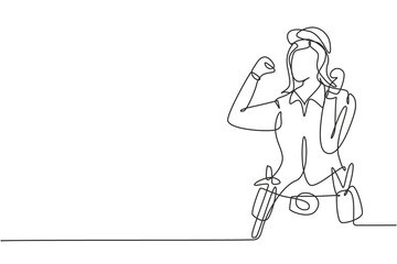 Continuous one line drawing handywoman with celebrate gesture ready to work on repairing damaged part of house. Professional work. Success business. Single line draw design vector graphic illustration