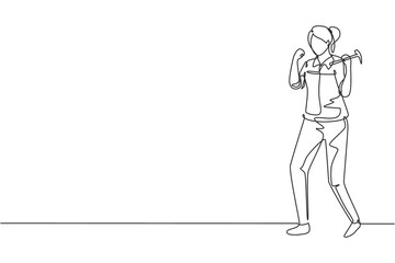 Continuous one line drawing female carpenter standing with celebrate gesture works for wood industry and must be skilled at using carpentry tools. Single line draw design vector graphic illustration - obrazy, fototapety, plakaty
