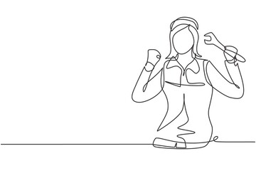 Continuous one line drawing female mechanic with celebrate gesture and holding wrench works to fix broken car engine in garage. Success business. Single line draw design vector graphic illustration