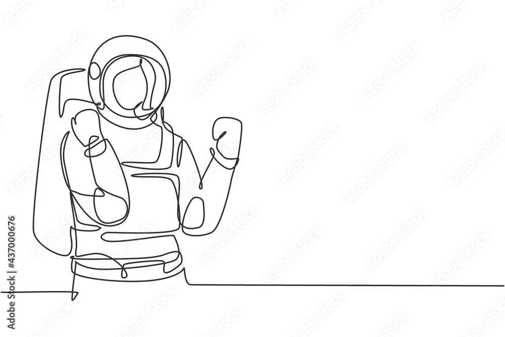 Poster continuous one line drawing female astronaut with celebrate gesture wearing spacesuits to explore ou