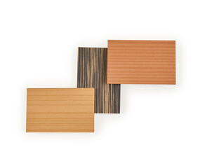 Group of small samples of wooden parquet, wooden object different style and color isolated white background.
