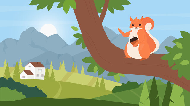 Cute squirrel with acorn in rural summer mountain green landscape vector illustration. Cartoon furry squirrel character hugging walnut, forest animal loving nut food, woodland on sunny day background