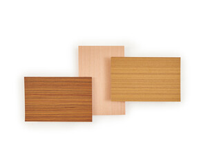 Group of small samples of wooden parquet, wooden object different style and color isolated white background.