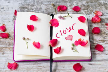 A notebook with a sensual message and flower petals