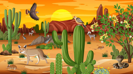 Desert forest landscape at sunset time scene with wild animals