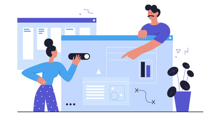 People develop ui ux design, abstract web development process vector illustration. Cartoon team of developer designer characters work on graphic interface, usability website app isolated on white