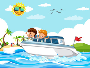 Beach scene with children on a speed boat