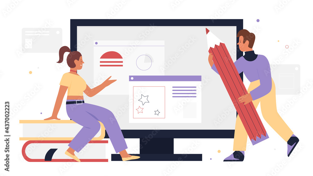Poster ui ux design web development vector illustration. cartoon woman developer character sitting on books