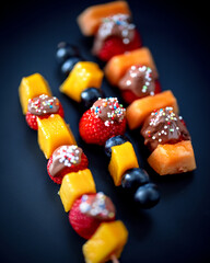 Mango and strawberry dessert skewer with melting chocolate 