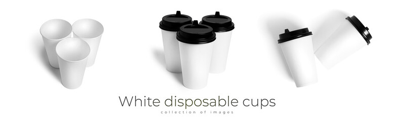 White disposable cups with a black lid isolated on a white background. Paper cups. Coffee cups. Takeaway coffee.