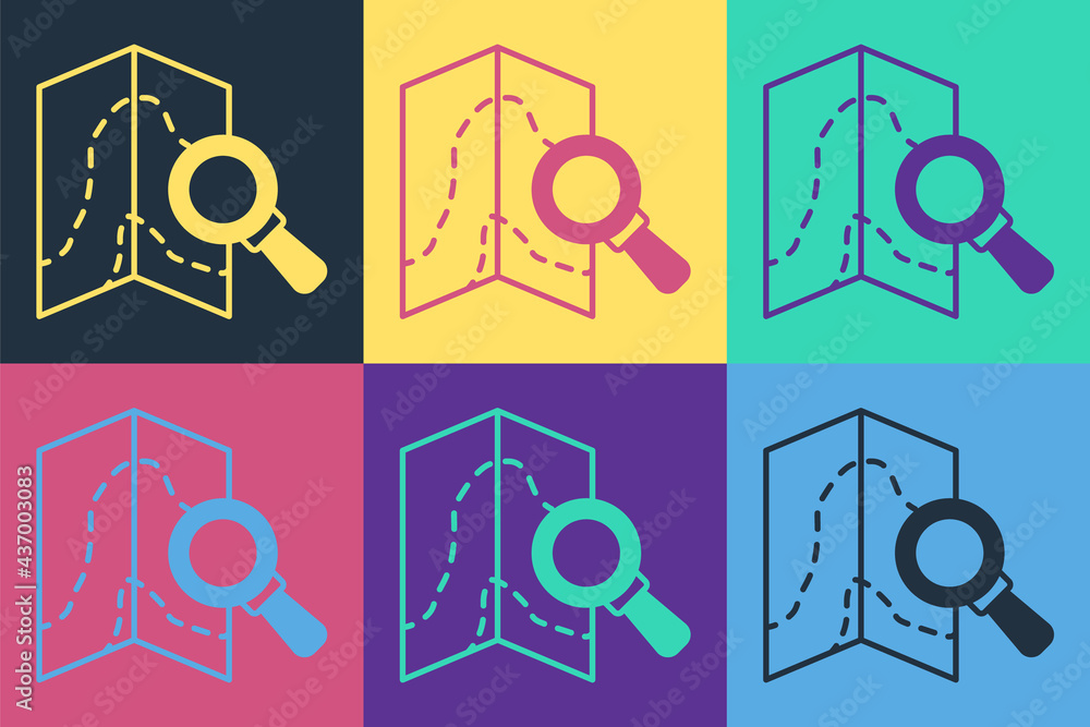 Aufkleber pop art search location icon isolated on color background. magnifying glass with pointer sign. vecto