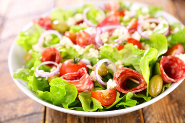 vegetable salad with salami,  tomato and cheese