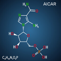 AICA ribonucleotide, AICAR molecule. It is aminoimidazole, cardiovascular drug, plant and human metabolite. Structural chemical formula on the dark blue background