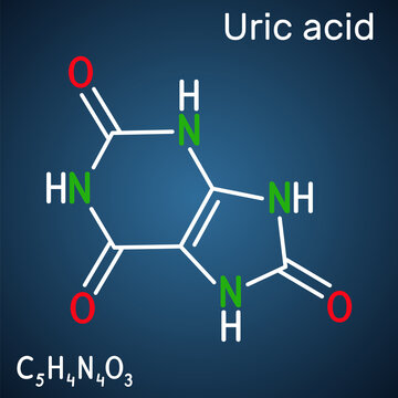 Uric acid molecule. It is heterocyclic compound, crystalline product of protein metabolism, found in the blood and urine. Structural chemical formula on the dark blue background