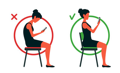 A girl sits on a chair bent and straightened, reading the smartphone. Correct and incorrect sitting position. Slouching back. A posture before and after, changing. Healthy spine vector illustration. - obrazy, fototapety, plakaty